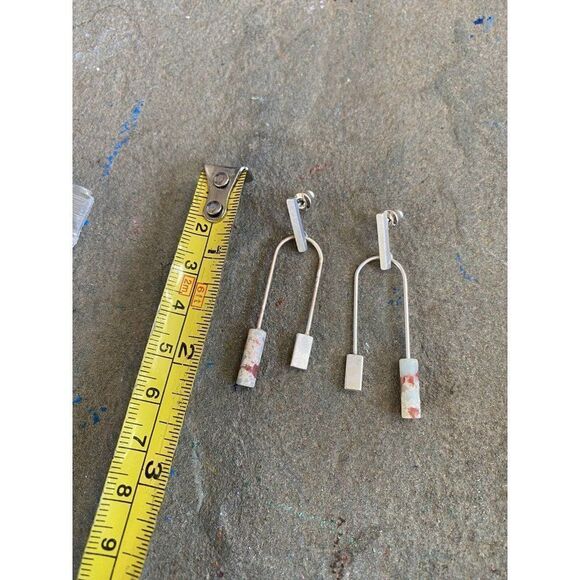 Artisan Earrings Agate Silver Plate U Shape Dangle Stone Block Art - Picture 5 of 6